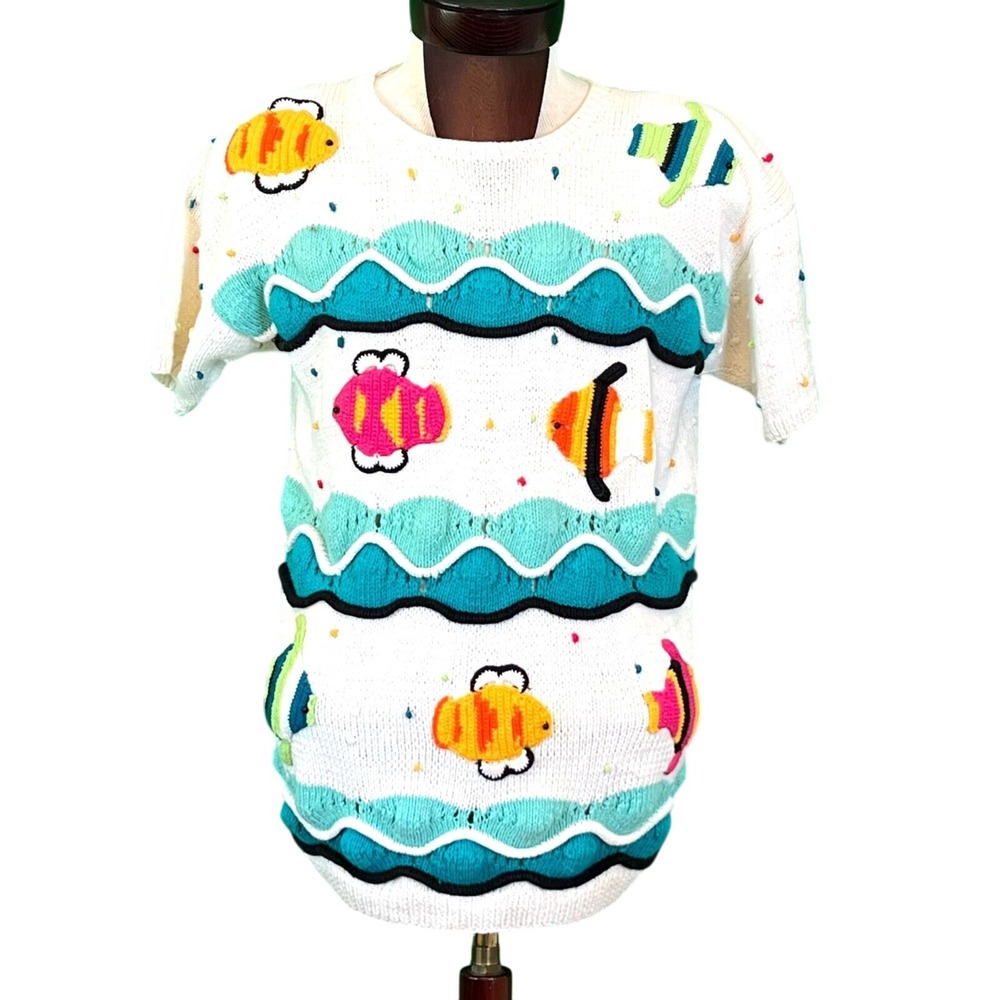 Jenifer Reed Hand Knitted Sweater‎ Tropical Fish Fun Novelty Beach Spring Large